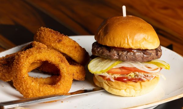 Septembers Classic Burger with onion rings