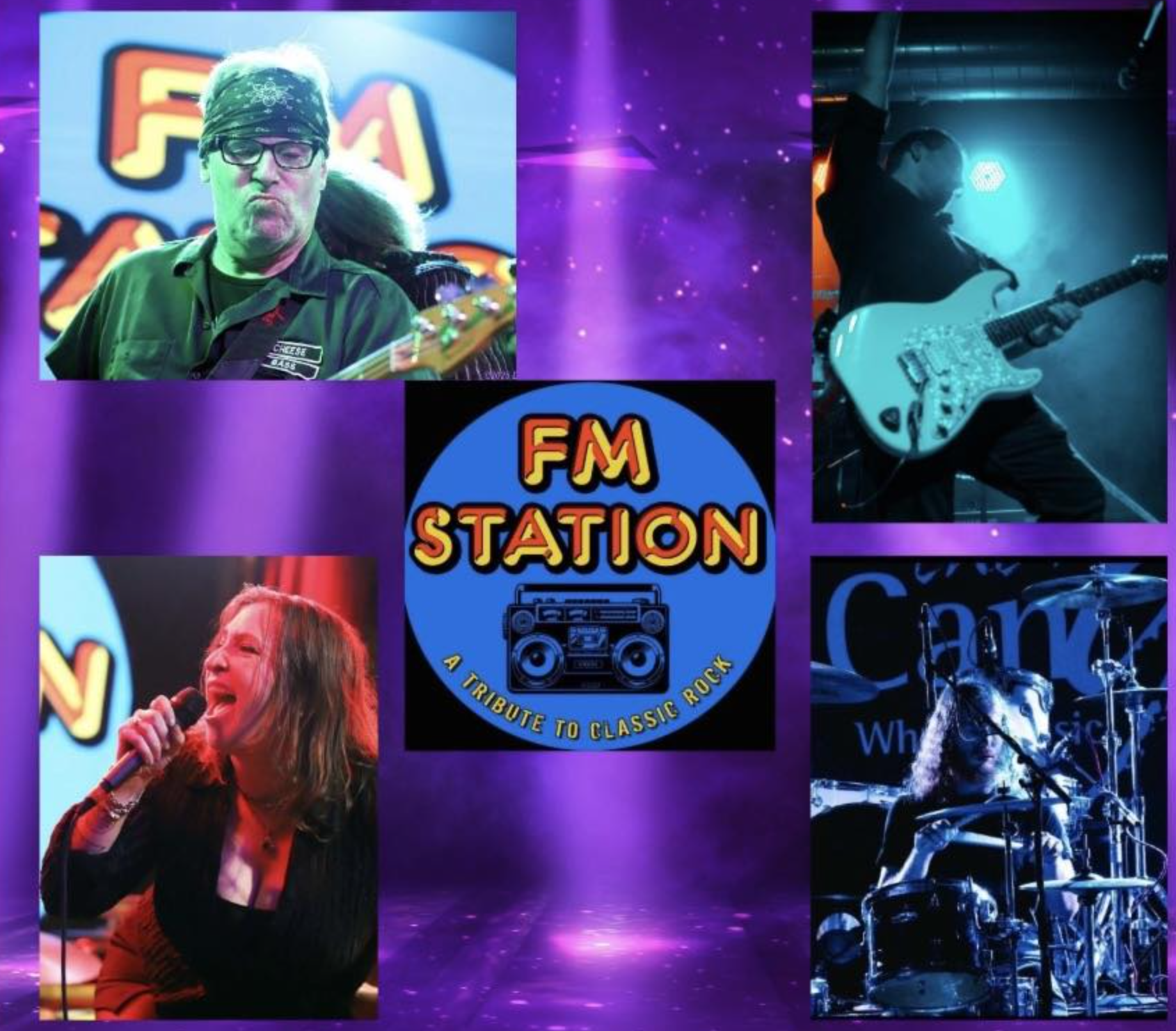 Live music band FM station graphic with logo and band members