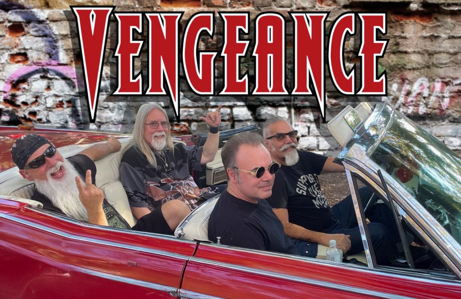 Image of the live music band Vengence in a car with their logo at the top